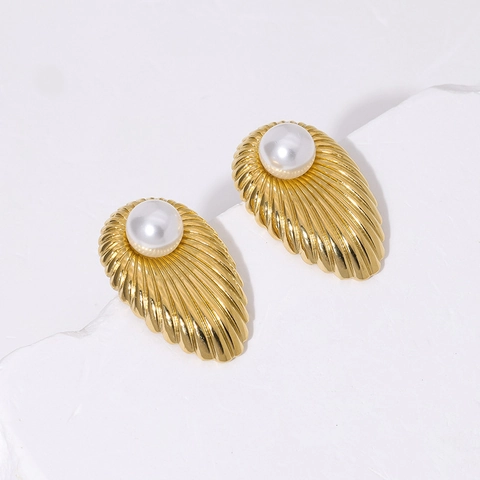 Pendientes De Botón Vintage Con Textura De Concha Y Perla Artificial Blanca Acero Inoxidable Estilo Retro Francés Elegante