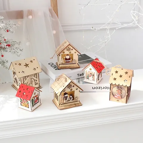 Wooden Christmas House Hanging Ornaments LED Glowing Warm Light Nordic Style Tree Decoration Reindeer Snowman Santa