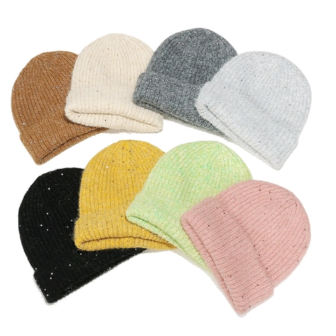 Women Beanie Hat Wool Blend Knit Sequin Sparkle Warm Winter Outdoor Cuffed Ribbed Cap Stylish Lightweight Cozy Accessory