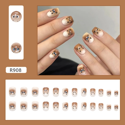 Cartoon Cat Press On Nails Brown Beige Gradient Short Square ABS Artificial False Fingernails For Women