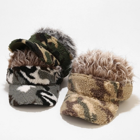 Cappello Da Baseball Camouflage Con Parrucca Capelli Sintetici Novità Divertente Cappello Caldo In Pile Per Uomo Donna Regolabile