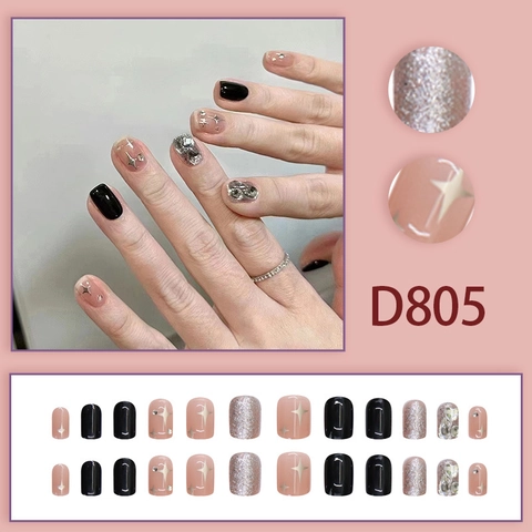Press On Nails Rhinestone Star Sparkling Square Round False Nails ABS Resin Material Elegant Black Silver Pink Style For Women