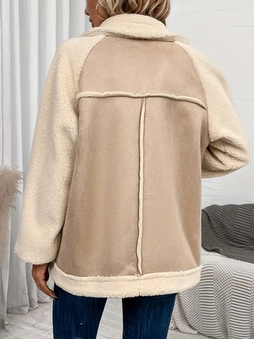 Damen Bikerjacke Aus Wildlederimitat Und Sherpa Patchwork Revers Oversize Warmer Wintermantel Beige