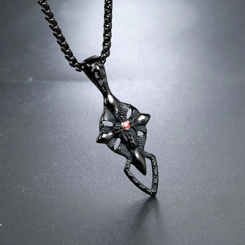 Gothic Cross Pendant Necklace With Wings Stainless Steel Red Rhinestone Vintage Fashion Statement Jewelry For Men