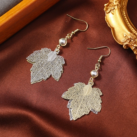 Hollow Maple Leaf Dangle Earrings Alloy Faux Artificial Pearl Thanksgiving Autumn Gold And Silver Tone For Women