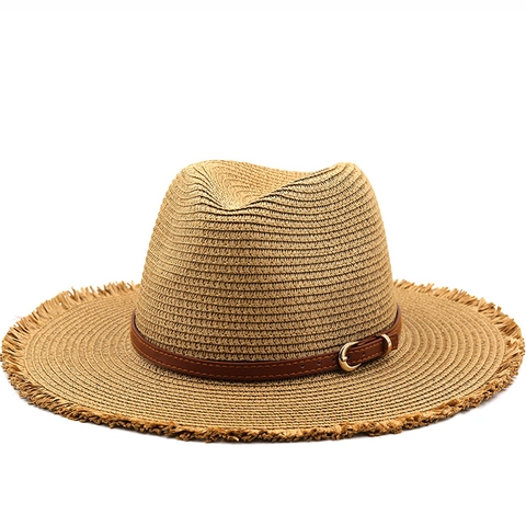 Women Straw Fedora Hat Wide Brim Fringed Sun Protection Beach Jazz Cap With Leather Belt Metal Buckle Breathable