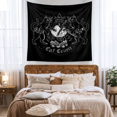 Arazzo Gatto Nero Mistico Poliestere Decorazione Parete Stregoneria Fasi Lunari Gotico Arte Per Camera Da Letto Soggiorno
