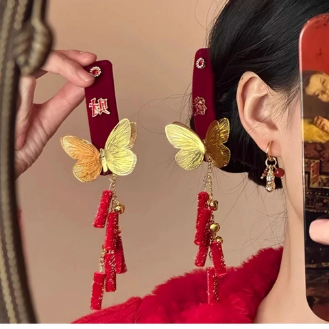 Pinza Para El Pelo De Mariposa Estilo Chino Pasador De Terciopelo Rojo Con Borla Larga Campana Adorno Festivo