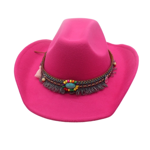 Western Cowboy Hat Polyester Felt Ethnic Bead Turquoise Decorative Band Tassel Fringe Bohemian Retro Unisex