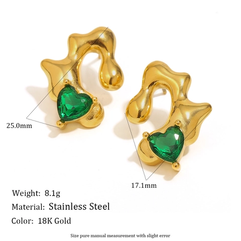 Orecchini A Lobo Cuore Acciaio Inossidabile Placcato Oro 18K Design Irregolare Con Gemma Verde Per Donna