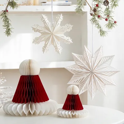 Adornos Navideños De Papel Panal Gorro De Papá Noel Copo De Nieve 3D Estrella Estilo Nórdico Decoración