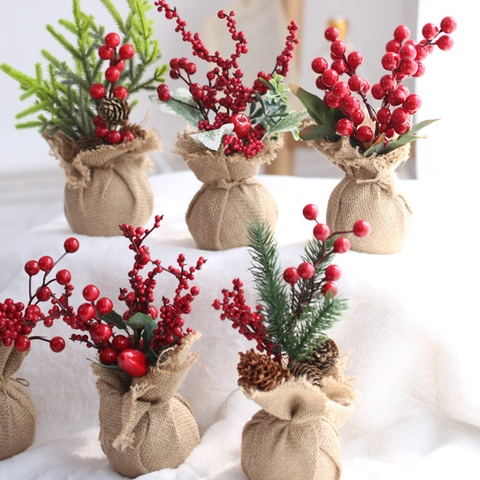 Mini Arbre De Noël Artificiel Ornement De Baies De Bureau Aiguille De Pin Pomme De Pin Base En Lin Décoration Rustique