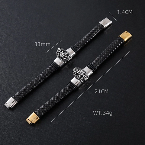 Pulsera De Cuero Trenzado Para Hombre Acero Inoxidable Calavera Jefe Indio Gótico Punk Vintage Biker Joyería Cierre Magnético