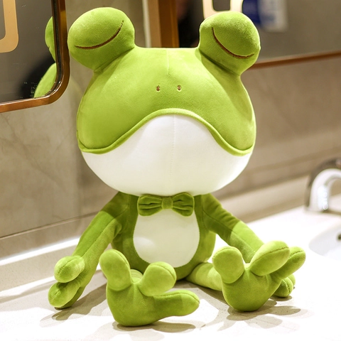 Cute Frog Plush Toy Pillow Soft Short Plush Stuffed Animal With Bowtie For Kids Girls Birthday Gift Green White