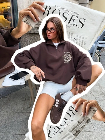 Damen Vintage Baumwolle Sweatshirt Halber Reißverschluss Revers Locker Langarm Lässig Streetstyle Top