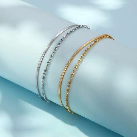 Bracciale Doppio Strato Minimalista Acciaio Inossidabile Catena Serpente E Maglie Con Perline Gioielli Di Moda Per Donna