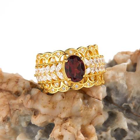 Anello in Argento Sterling S925 Granato Naturale Topazio Lapislazzuli Lussuoso Band Retrò Traforato Floreale Gioielli Donna Regalo