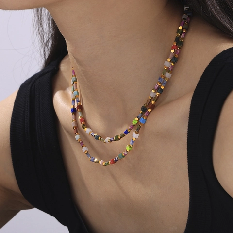 Collar De Cuentas De Piedra Natural Colorida Bohemio Espaciadores De Acero Titanio Joyería Elegante Para Mujer