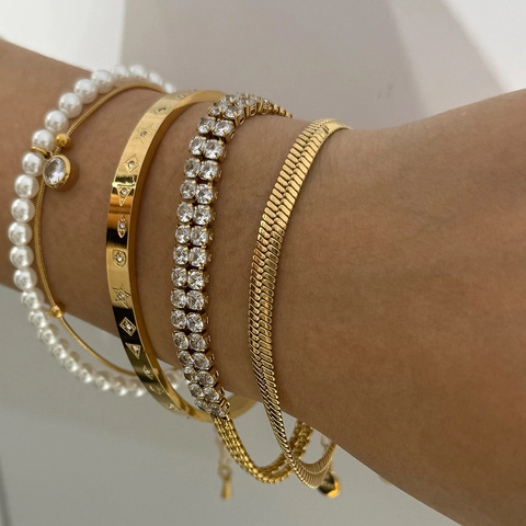 Stapelbarer Edelstahl Armreif Und Armband Für Damen Zirkon Rheinstein Künstliche Perlenimitat Stern Geometrischer Schmuck Alltag
