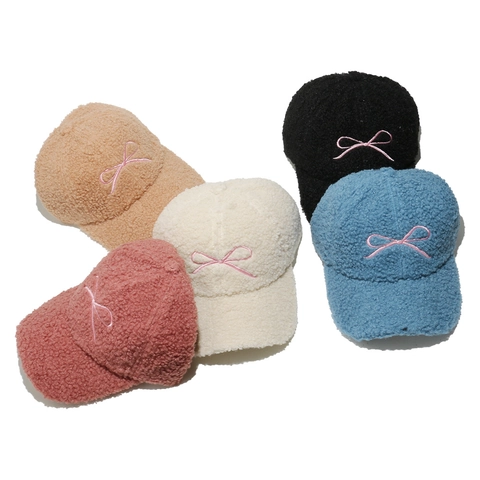 Women Lamb Wool Baseball Cap Winter Warm Teddy Velvet Hat With Bow Embroidery Fashion Adjustable Tongue Cap