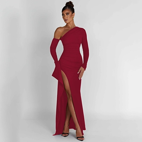 Abito Maxi Monospalla A Maniche Lunghe Arricciato Spacco Alto Schiena Scoperta Sera Sexy Da Donna Poliestere