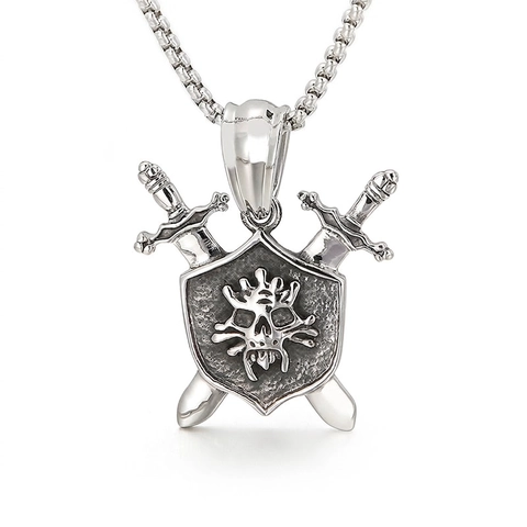 Collar Con Colgante De Calavera Y Escudo De Acero Inoxidable Para Hombre Joyería Gótica Punk
