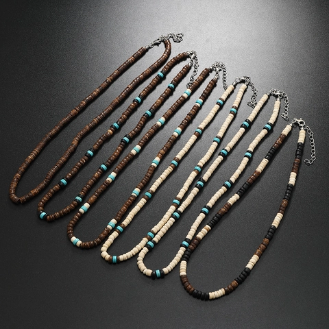 Men Beaded Necklace Vintage Coconut Shell Wood Synthetic Turquoise Bohemian Surf Beach Vacation Retro Jewelry