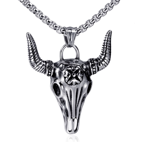 Collana con Pendente a Forma di Teschio di Toro Gotico Punk Vintage Catena Box in Acciaio Inossidabile per Uomo Gioielli Vichinghi