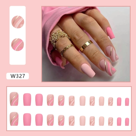 Matte Pink Heart Press On Nails Square False Nails Gold Wave Line Sweet Ins Style Artificial Manicure For Women Elegant