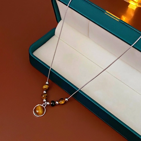 Collana Con Pendente In Occhio Di Tigre Tondo Retro Rame Catena A Serpente Gioielli Vintage Per Donna Tono Argento