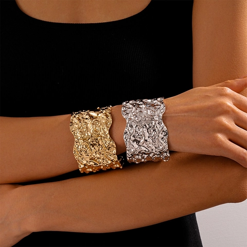 Wide Cuff Bracelet Metal Alloy Irregular Wrinkled Hammered Texture Adjustable Open Fashion Chic For Women