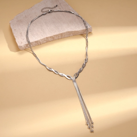 Collar Largo Con Borla En Forma De Y Cobre Plateado Cadena De Serpiente Multicapa Joyería Sexy Elegante Para Mujer