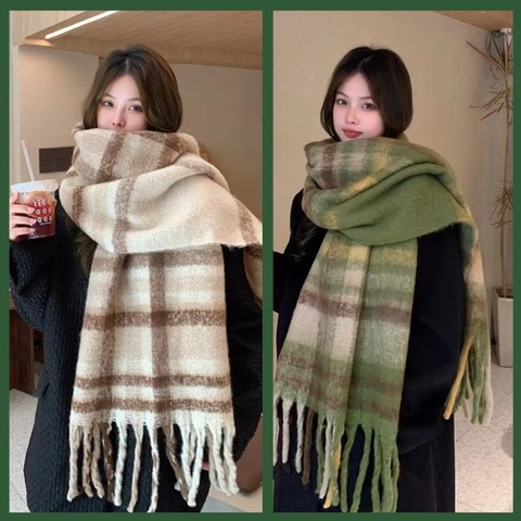Women Winter Plaid Scarf Thick Warm Soft Boucle Yarn Long Tassel Shawl Wrap Korean Fashion Checkered Neck Warmer