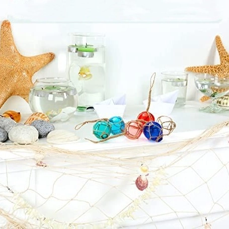 Mediterranean Style Glass Floating Ball With Nautical Hemp Rope Net Hanging Ornament For Beach Party Home Decor