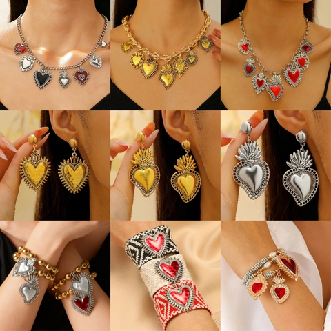 Retro Legierung Heiliges Herz Multi-Anhänger Halskette Für Damen Antik Gold Silber Emaille Herz Religiöser Böhmischer Schmuck Zubehör
