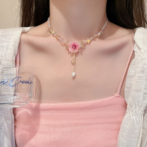 Pink Flower Pendant Necklace With Crystal Beads And Artificial Pearl Tassel Sweet Alloy Jewelry For Women