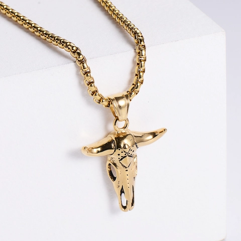 Bull Head Skull Pendant Necklace 304 Stainless Steel Hollow Out Vintage Gothic Punk Animal Jewelry Gift For Men