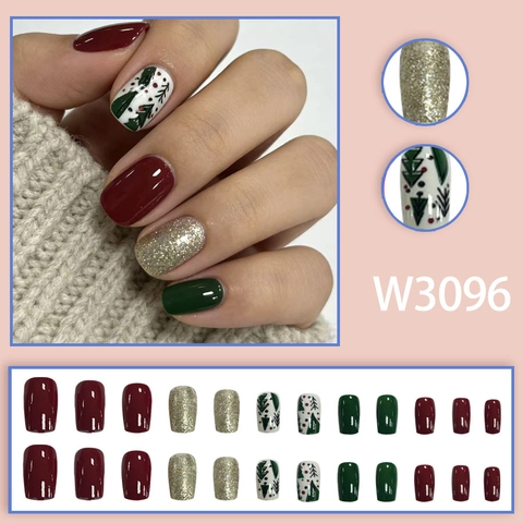 Christmas Press On Nails Red Green Gold Glitter Christmas Tree Pattern Square Shape Full Cover Holiday Winter Manicure For Women