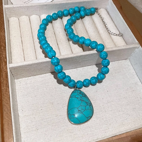 Collana Di Perle Turchese Boho Con Grande Ciondolo A Goccia D'acqua Stile Etnico Retro Gioielli In Lega Per Donne