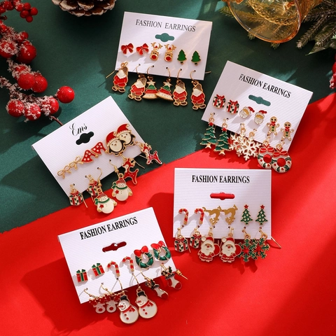 Christmas Earring Set Zinc Alloy Rhinestone Santa Claus Reindeer Snowflake Tree Bow Dangle Earrings For Women Festive Jewelry Gift