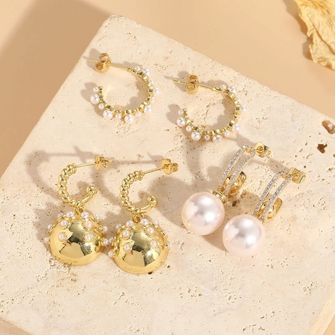 Pendientes de Gota Bohemios Geométricos Irregulares con Perla Artificial y Circonia Chapado en Oro de 14K Cobre Aros para Mujer Joyería de Lujo