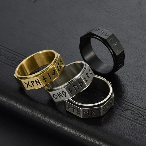 Vintage Nordic Viking Octagon Stainless Steel Spinner Ring Ancient Rune Engraved Neutral Men Fashion Jewelry Rotating Ring
