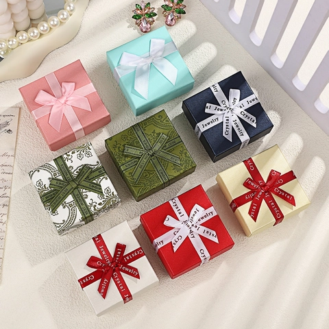 Square Jewelry Gift Boxes With Ribbon Bow Tie Paperboard Packaging Case For Ring Earring Necklace Bracelet