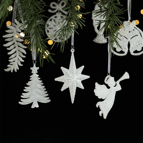 White Glitter Christmas Tree Ornaments Hanging Decorations Angel Star Sleigh Shapes For Holiday Party Home Decor Sparkling