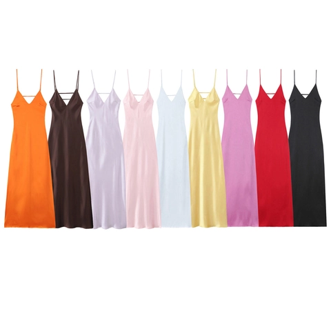 Damen Sexy Satin V-Ausschnitt Spaghettiträger Maxi Kleid Rückenfrei Überkreuzt Slip Kleid Für Party Hochzeit Bankett Abendkleid