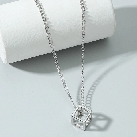 Minimalist Titanium Steel Alloy Rhinestone Hollow Cube Pendant Necklace Geometric 3D Box Chain Jewelry For Men Women