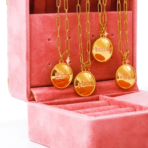 Collana Pendente Costellazione Dello Zodiaco Rame Placcato Oro Disco Rotondo Smalto Rosa Catena A Graffetta Gioielli Donna