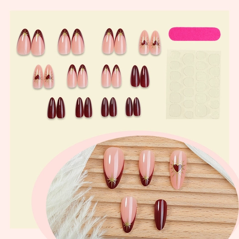 Press On Nagels Franse Stijl Lange Amandelvorm Rood Roze Met Gouden Hart Ster Patroon Nagelvijl En Plakstrips