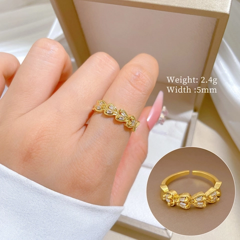 Eleganter Herz Doppelreihiger Zirkonia Verstellbarer Ring Gold Vergoldeter Messing Schmuck Für Damen