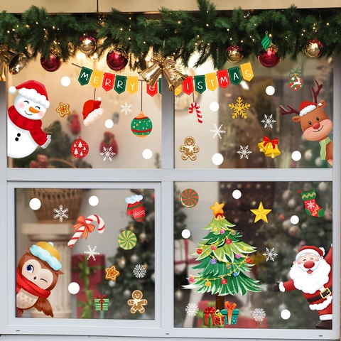 Santa Claus Snowflake Christmas Window Stickers Static Cling PVC Decals Holiday Glass Home Decor Cartoon Winter